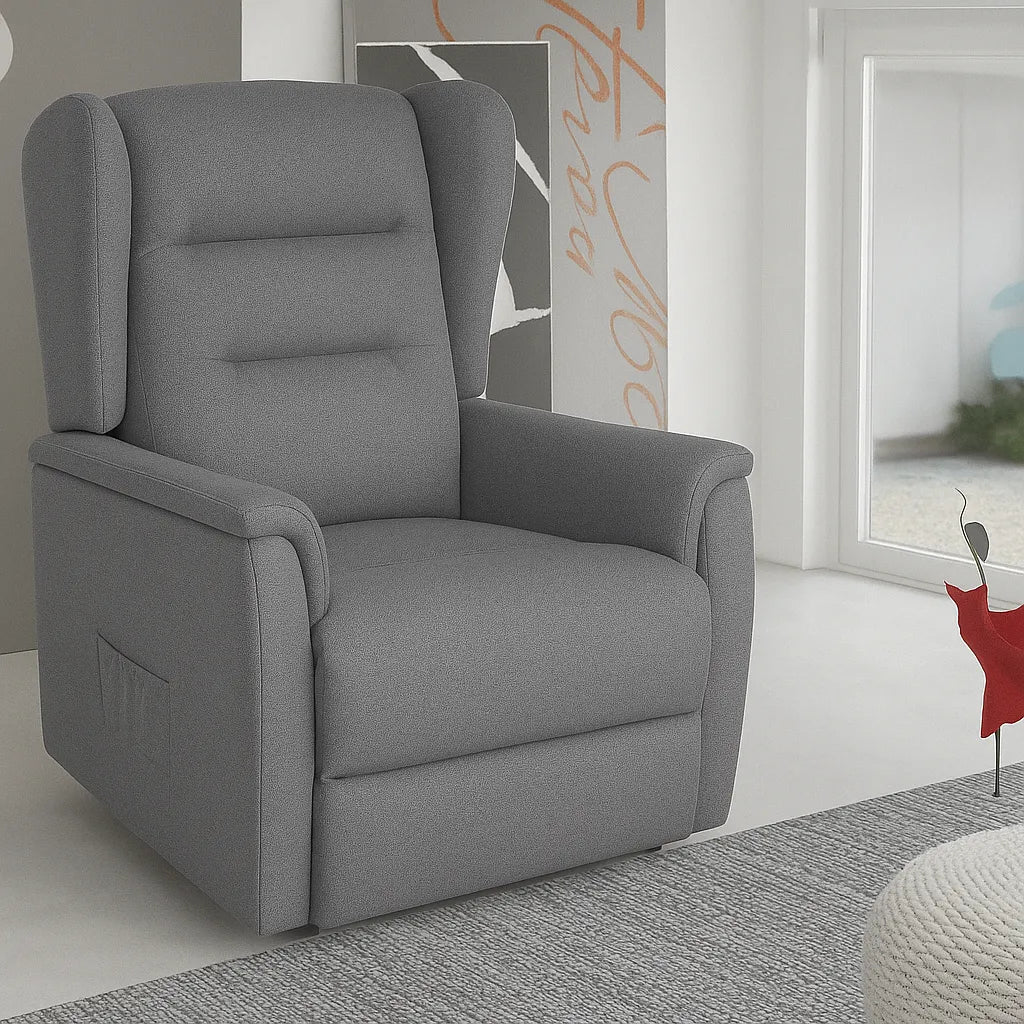 Poltrona Queen relax elettrica in tessuto con doppio motore, funzione alzapersona e roller system
