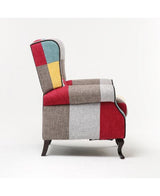 Poltrona reclinabile patchwork in tessuto policotone colorato con poggiapiedi, schienale comfort e struttura in legno robusta