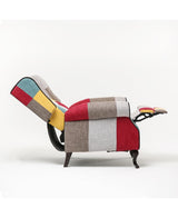 Poltrona reclinabile patchwork in tessuto policotone colorato con poggiapiedi, schienale comfort e struttura in legno robusta