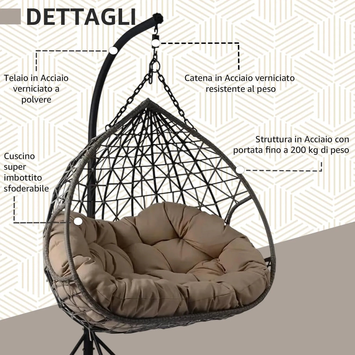 Poltrona sospesa Lita XL a uovo in rattan intrecciato con struttura in acciaio verniciato e cuscino imbottito. Dondolo elegante per giardino e esterni.