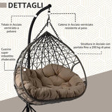 Poltrona sospesa Lita XL a uovo in rattan intrecciato con struttura in acciaio verniciato e cuscino imbottito. Dondolo elegante per giardino e esterni.