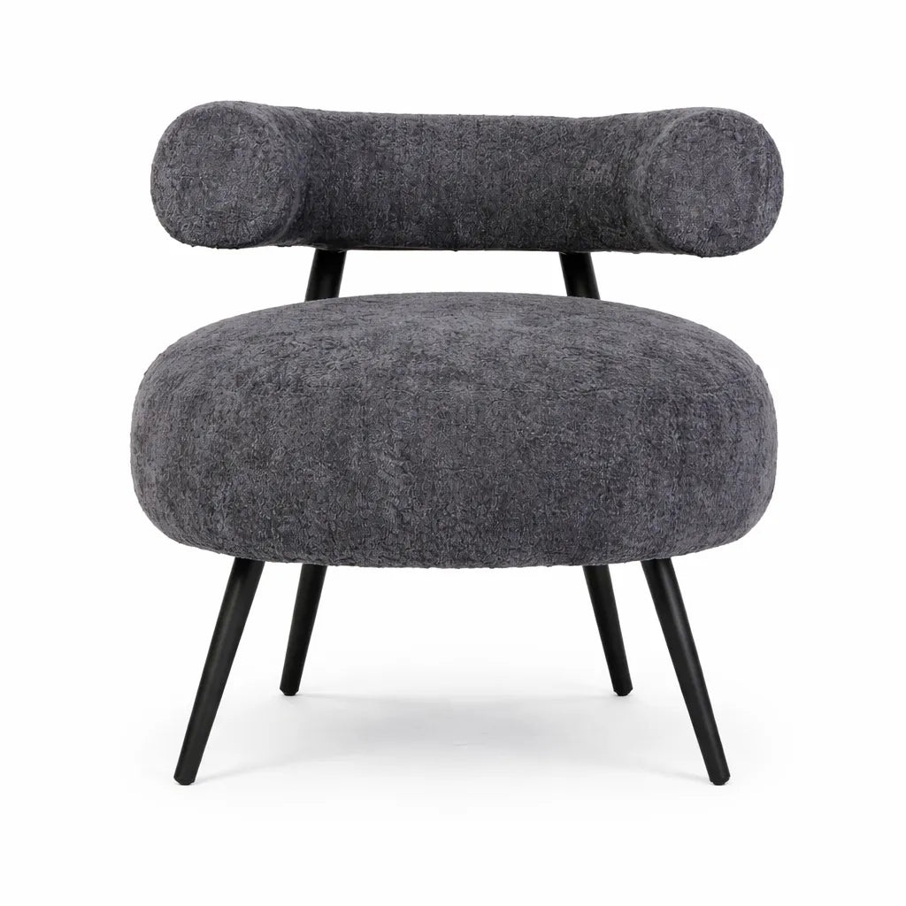 Poltrona Teddy in tessuto bouclé grigio con seduta arrotondata e schienale cilindrico design moderno