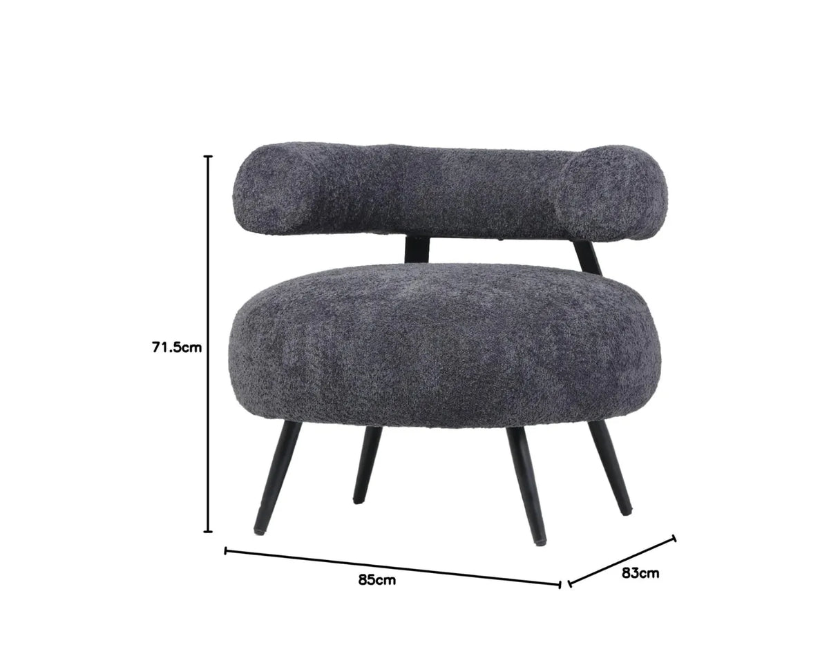 Poltrona Teddy in tessuto bouclé grigio con seduta arrotondata e schienale cilindrico design moderno
