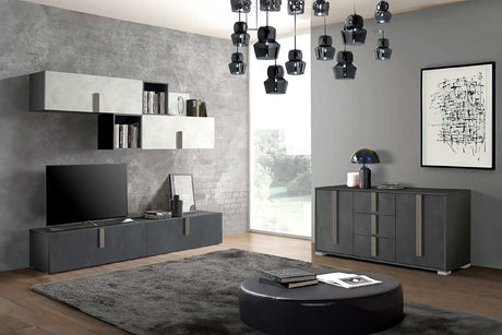 Sala Giada soggiorno moderno con parete attrezzata e madia finitura spatolato antracite e iron.