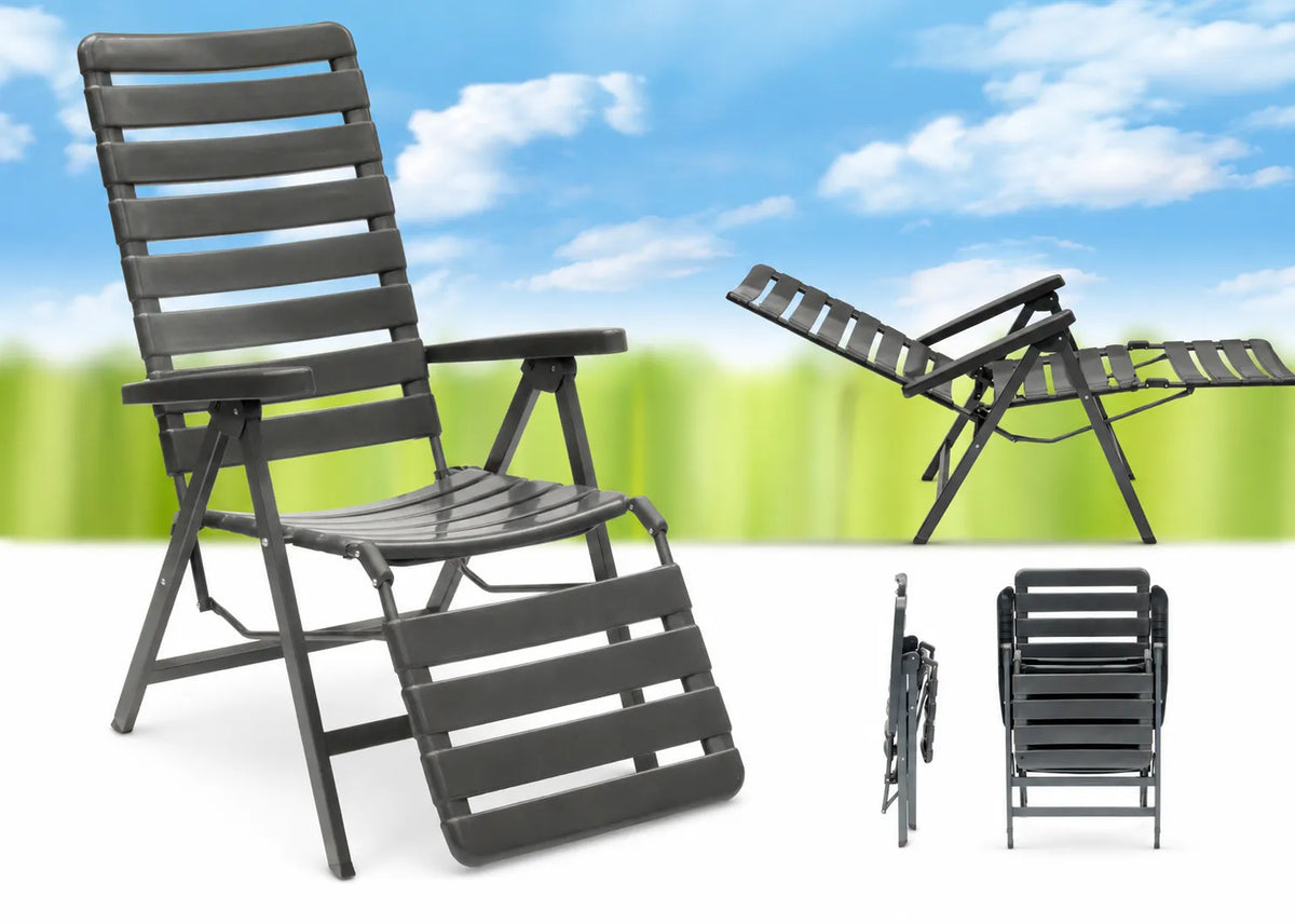 Sdraio Relax Pro reclinabile in metallo e resina grigio antracite con schienale regolabile, poggiagambe integrato e struttura pieghevole per giardino e terrazzo.