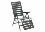 Sdraio Relax Pro reclinabile in metallo e resina grigio antracite con schienale regolabile, poggiagambe integrato e struttura pieghevole per giardino e terrazzo.
