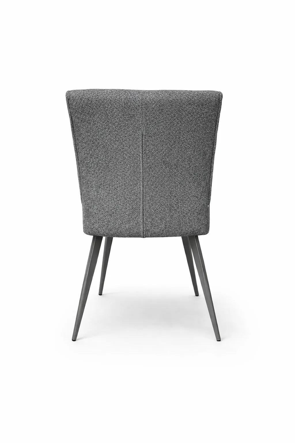Sedia Eva rivestita in tessuto tortora o grigio con gambe in metallo verniciato.