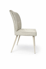Sedia Eva rivestita in tessuto tortora o grigio con gambe in metallo verniciato.