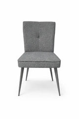 Sedia Eva rivestita in tessuto tortora o grigio con gambe in metallo verniciato.