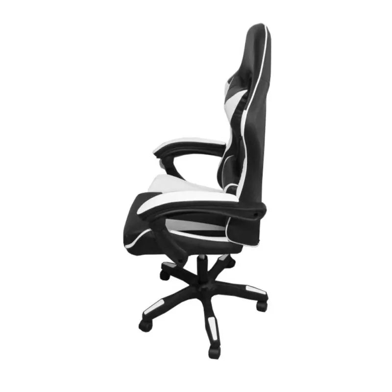 Sedia da gaming nera con dettagli bianchi e schienale alto reclinabile