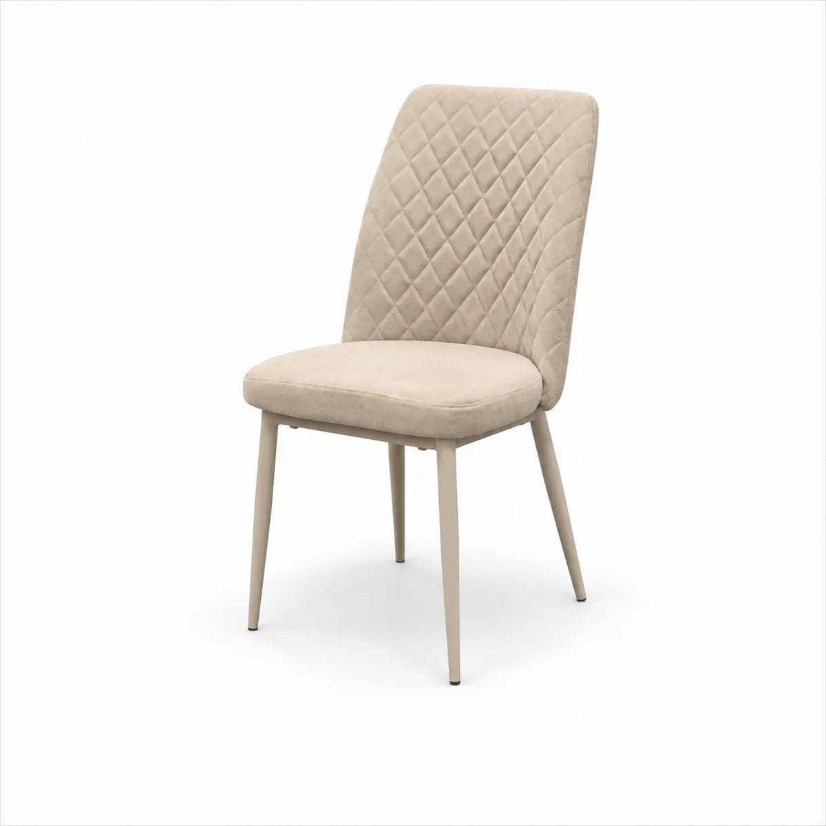 Sedia TUFI imbottita in microfibra HTSDR con schienale trapuntato e gambe in metallo, disponibile nei colori Tortora, Cammello e Grigio, venduta in set da 2.