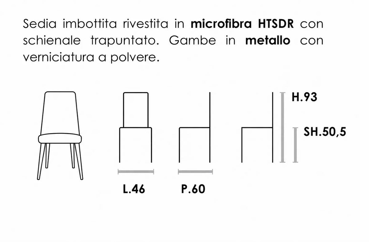 Sedia TUFI imbottita in microfibra HTSDR con schienale trapuntato e gambe in metallo, disponibile nei colori Tortora, Cammello e Grigio, venduta in set da 2.
