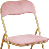 Sedia pieghevole Cinzia in velluto rosa con gambe in metallo oro, elegante e salvaspazio