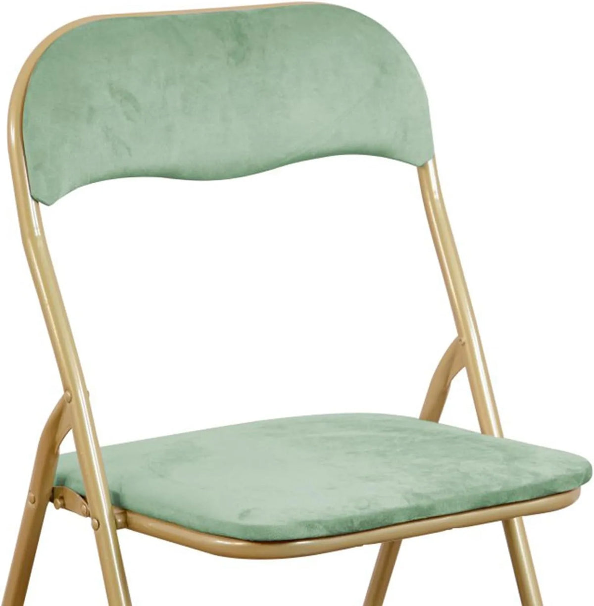 Sedia pieghevole Cinzia in velluto verde acqua con gambe in metallo oro, elegante e salvaspazio