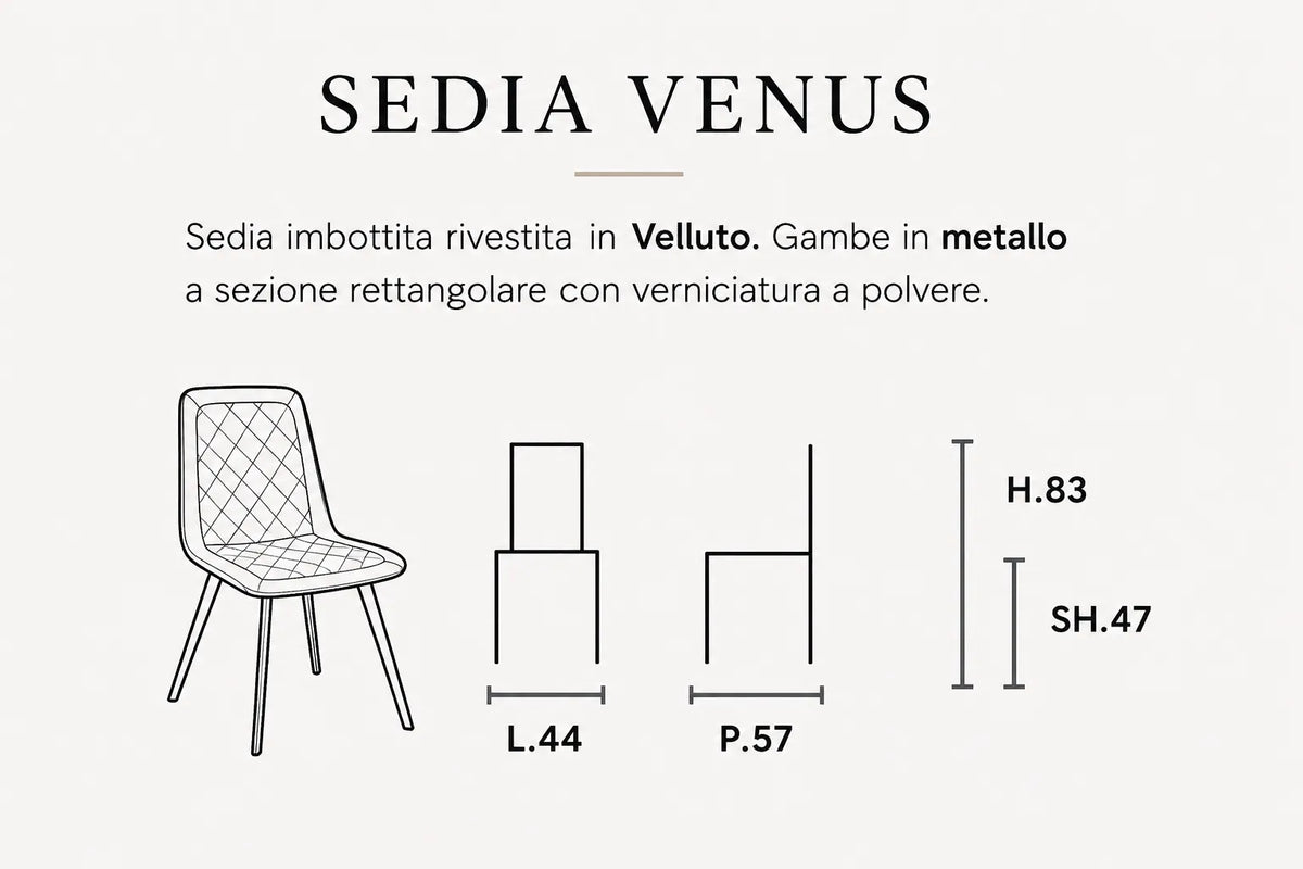 Sedia Venus imbottita in velluto con seduta e schienale trapuntati e gambe in metallo nero