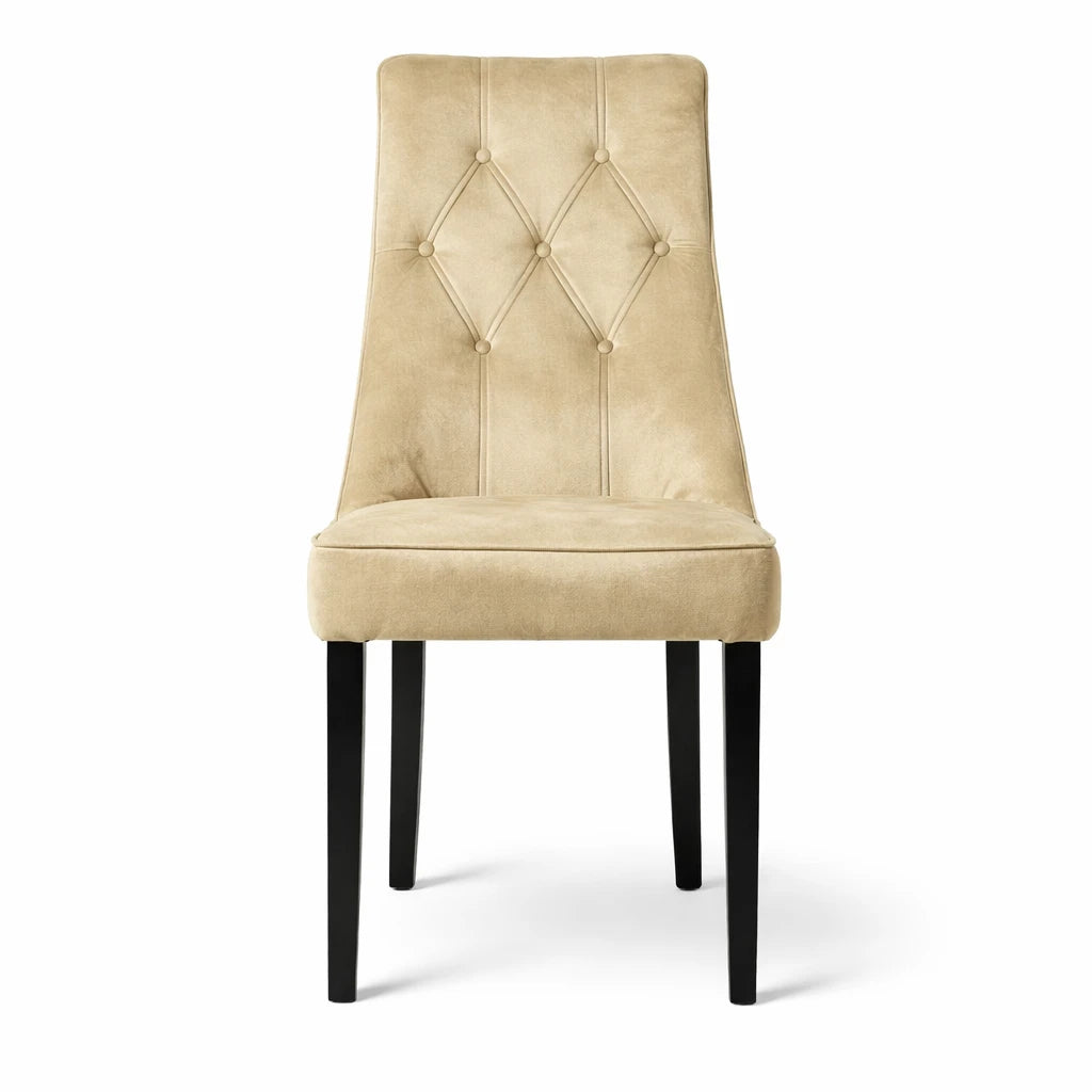 Set 2 sedie imbottite Alvira in velluto grigio tortora beige con gambe in legno nero opaco eleganti moderne