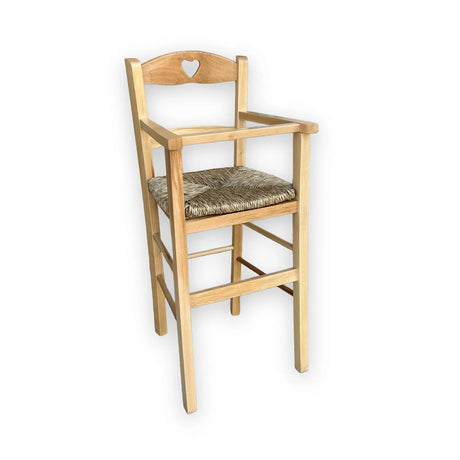 Seggiolone in legno di faggio per bambini con seduta in paglia intrecciata, stile rustico classico

