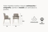 Set da 2 sedie Alma imbottite in tessuto Acquaclean antimacchia e Pet Friendly, colore Tortora con gambe in metallo color Champagne.