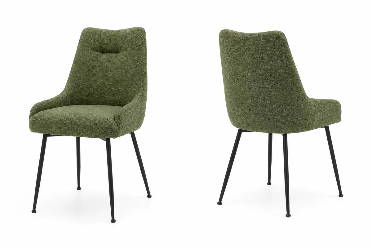 Set da 2 Sedie Bella imbottite in tessuto Acquaclean antimacchia e Pet Friendly disponibili nelle varianti Tortora con gambe Cashmere, Verde Bosco con gambe Nero e Antracite con gambe Nero.