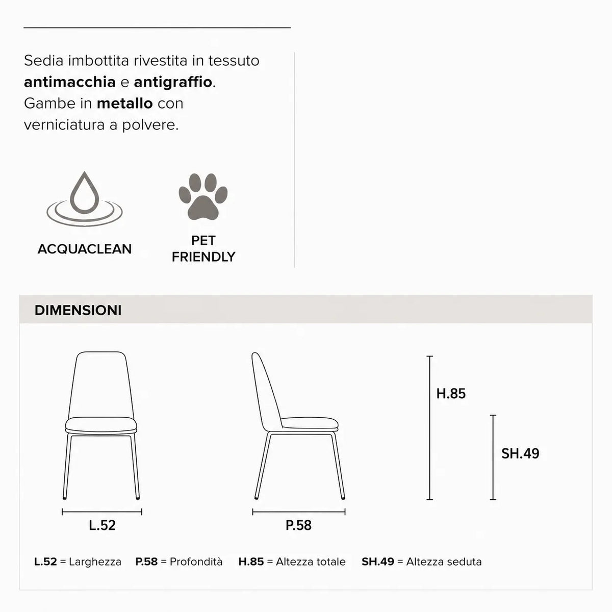 Set da 2 sedie Carol imbottite in tessuto antimacchia e antigraffio, disponibili nelle finiture Tortora con gambe Cashmere e Antracite con gambe Nero.