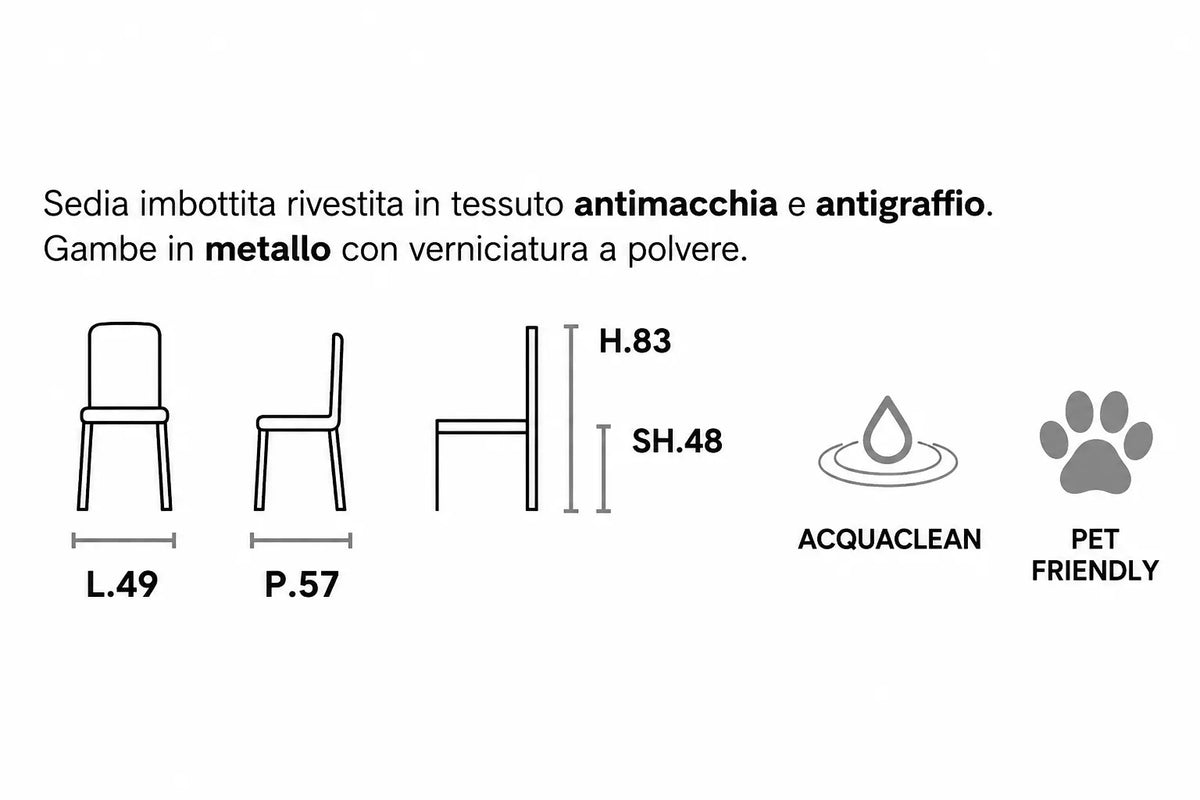 Set da 2 sedie Dea imbottite in tessuto antimacchia e antigraffio, disponibili nelle finiture Tortora con gambe Cashmere e Antracite con gambe Nero.