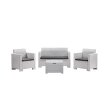 Set salottino da esterno Nebraska con divano 2 posti, 2 poltrone, tavolino e cuscini sfoderabili in rattan