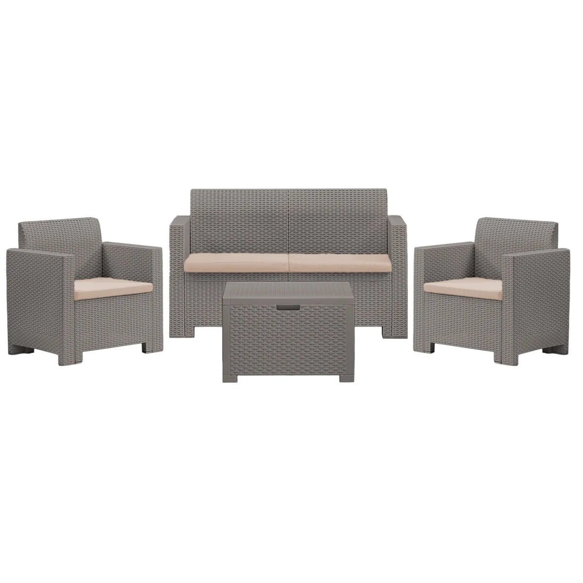 Set salottino da esterno Nebraska con divano 2 posti, 2 poltrone, tavolino e cuscini sfoderabili in rattan