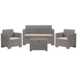 Set salottino da esterno Nebraska con divano 2 posti, 2 poltrone, tavolino e cuscini sfoderabili in rattan