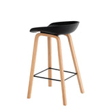 Sgabello moderno Daxer bianco con seduta in plastica e gambe in legno di faggio stile nordico