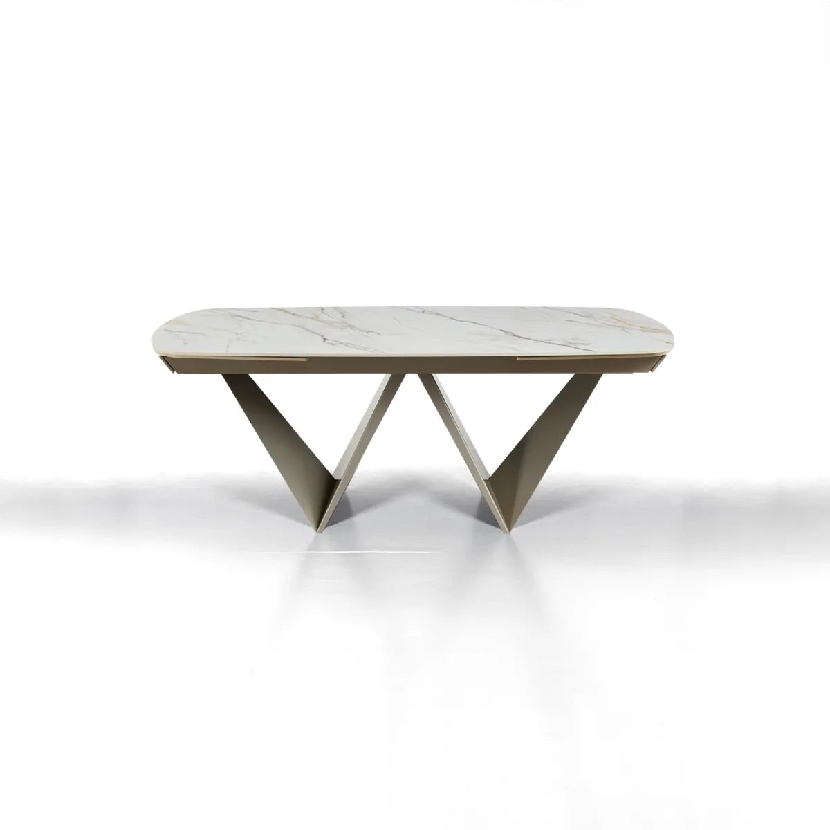 Tavolo allungabile Gemini con piano in ceramica finitura Marmo Oro opaco e basamento Platino opaco