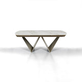 Tavolo allungabile Gemini con piano in ceramica finitura Marmo Oro opaco e basamento Platino opaco