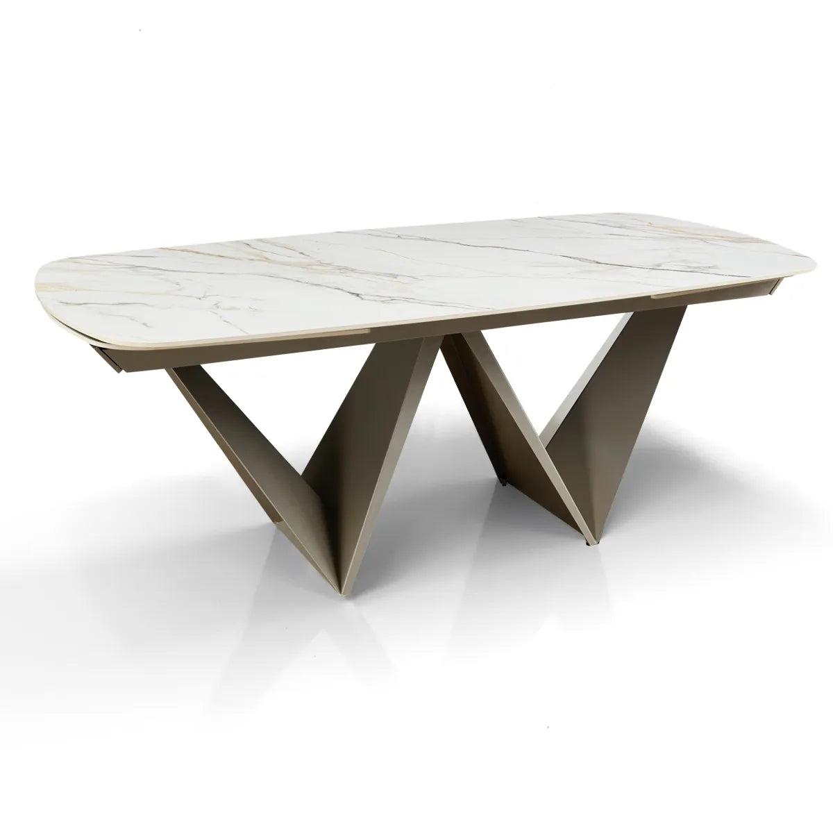 Tavolo allungabile Gemini con piano in ceramica finitura Marmo Oro opaco e basamento Platino opaco