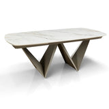 Tavolo allungabile Gemini con piano in ceramica finitura Marmo Oro opaco e basamento Platino opaco