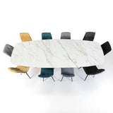 Tavolo allungabile Gemini con piano in ceramica finitura Marmo Oro opaco e basamento Platino opaco