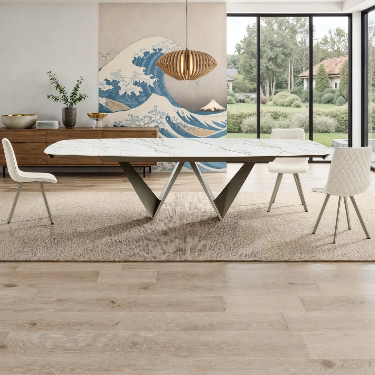Tavolo allungabile Gemini con piano in ceramica finitura Marmo Oro opaco e basamento Platino opaco