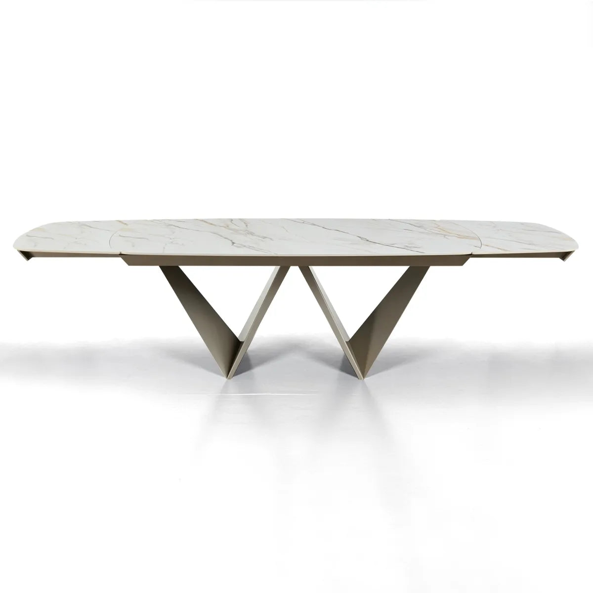 Tavolo allungabile Gemini con piano in ceramica finitura Marmo Oro opaco e basamento Platino opaco