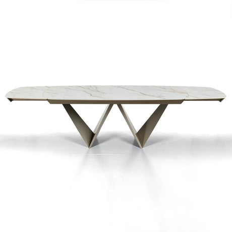 Tavolo allungabile Gemini con piano in ceramica finitura Marmo Oro opaco e basamento Platino opaco