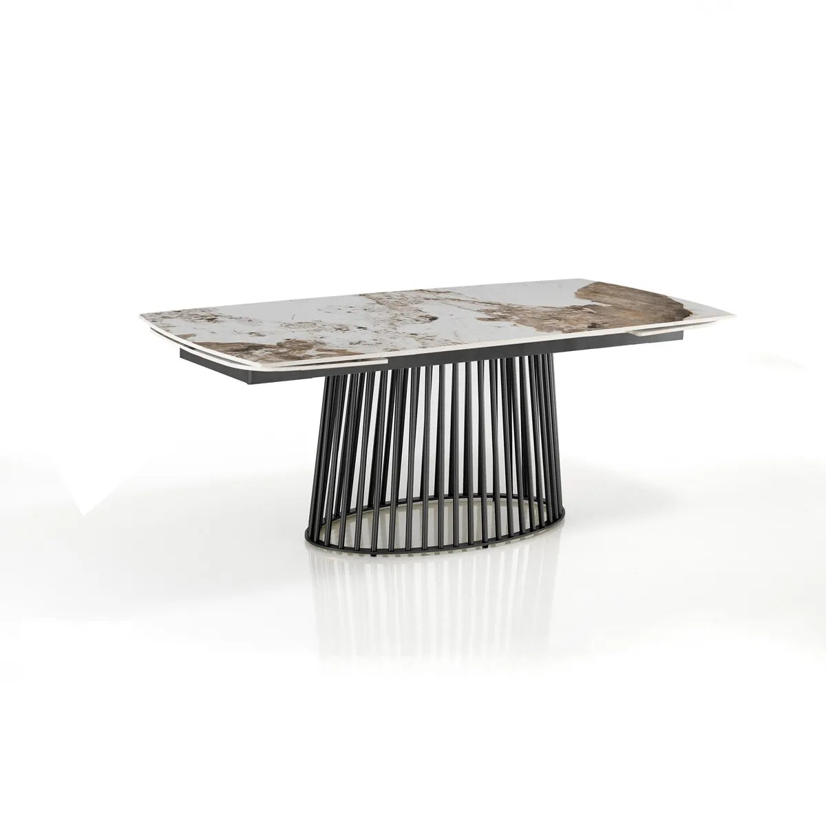 Tavolo allungabile Pegaso con piano in ceramica Onice lucido e basamento in metallo Grigio opaco