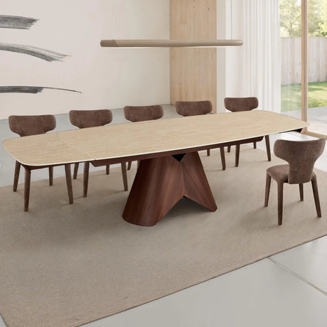 Tavolo allungabile Peonia con piano in ceramica Travertino opaco e base effetto Noce