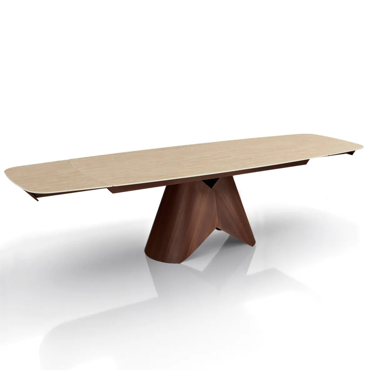 Tavolo allungabile Peonia con piano in ceramica Travertino opaco e base effetto Noce