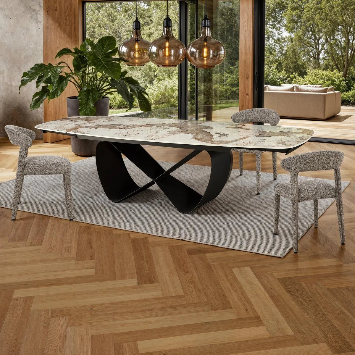 Tavolo allungabile Sirio con piano in ceramica effetto marmo Onice lucido e basamento Grigio opaco