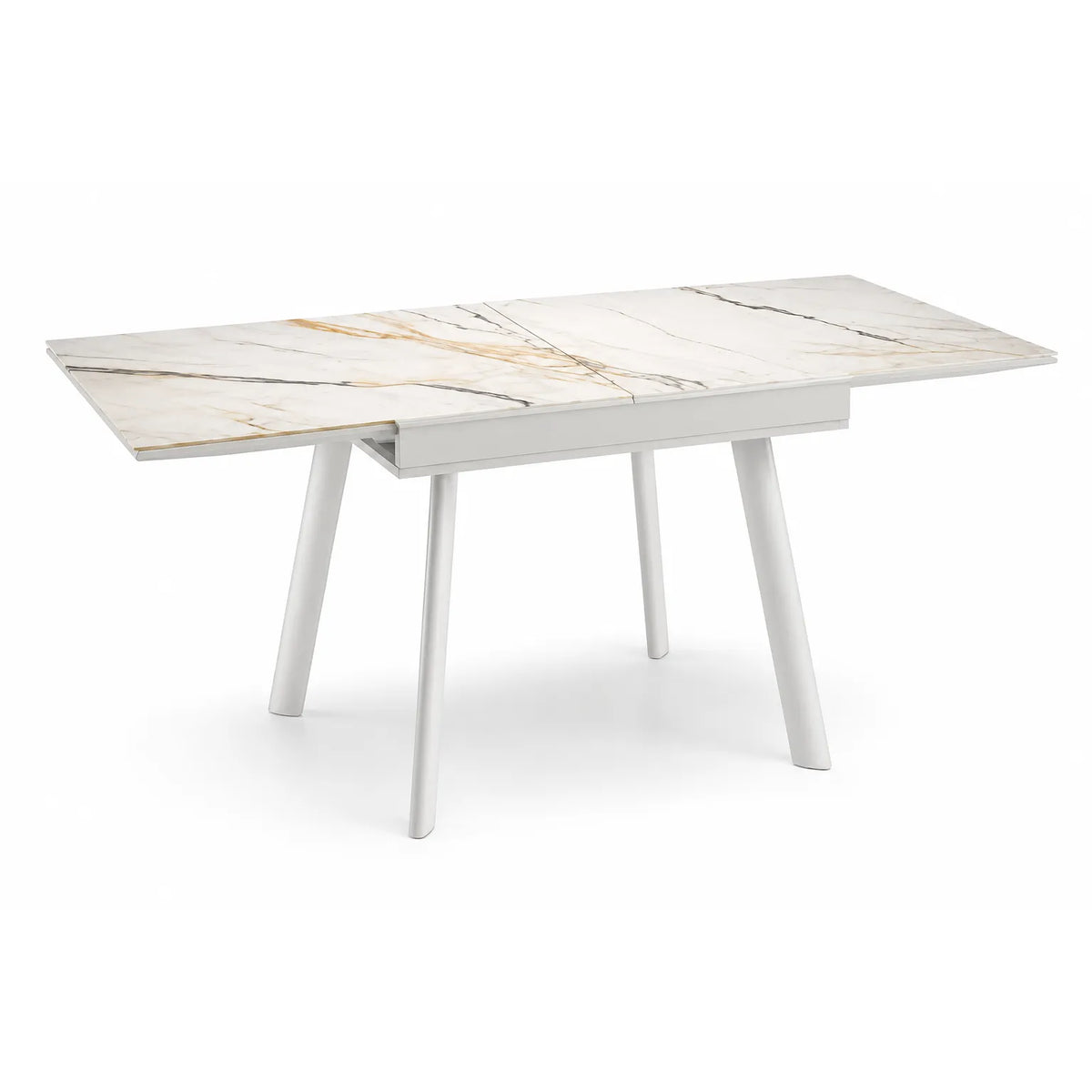 Tavolo allungabile Square 80/160 con piano in ceramica effetto marmo e struttura in metallo verniciato a polvere.
