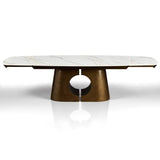 Tavolo allungabile Sunset con piano in ceramica effetto marmo Oro opaco e basamento in metallo effetto rame opaco estensibile fino a 300 cm.
