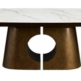 Tavolo allungabile Sunset con piano in ceramica effetto marmo Oro opaco e basamento in metallo effetto rame opaco estensibile fino a 300 cm.