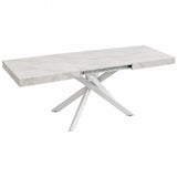 Tavolo allungabile Tokyo con struttura in metallo bianco e piano disponibile in rovere nodato, marmo carrara e cemento.