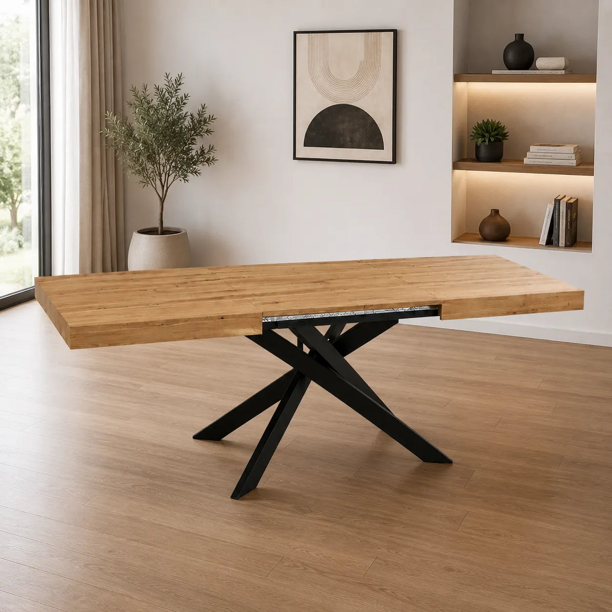 Tavolo allungabile Tokyo con struttura in metallo bianco e piano disponibile in rovere nodato, marmo carrara e cemento.