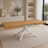Tavolo allungabile Tokyo con struttura in metallo bianco e piano disponibile in rovere nodato, marmo carrara e cemento.