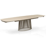 Tavolo allungabile Tom con piano in ceramica Travertino opaco e basamento in metallo Platino
