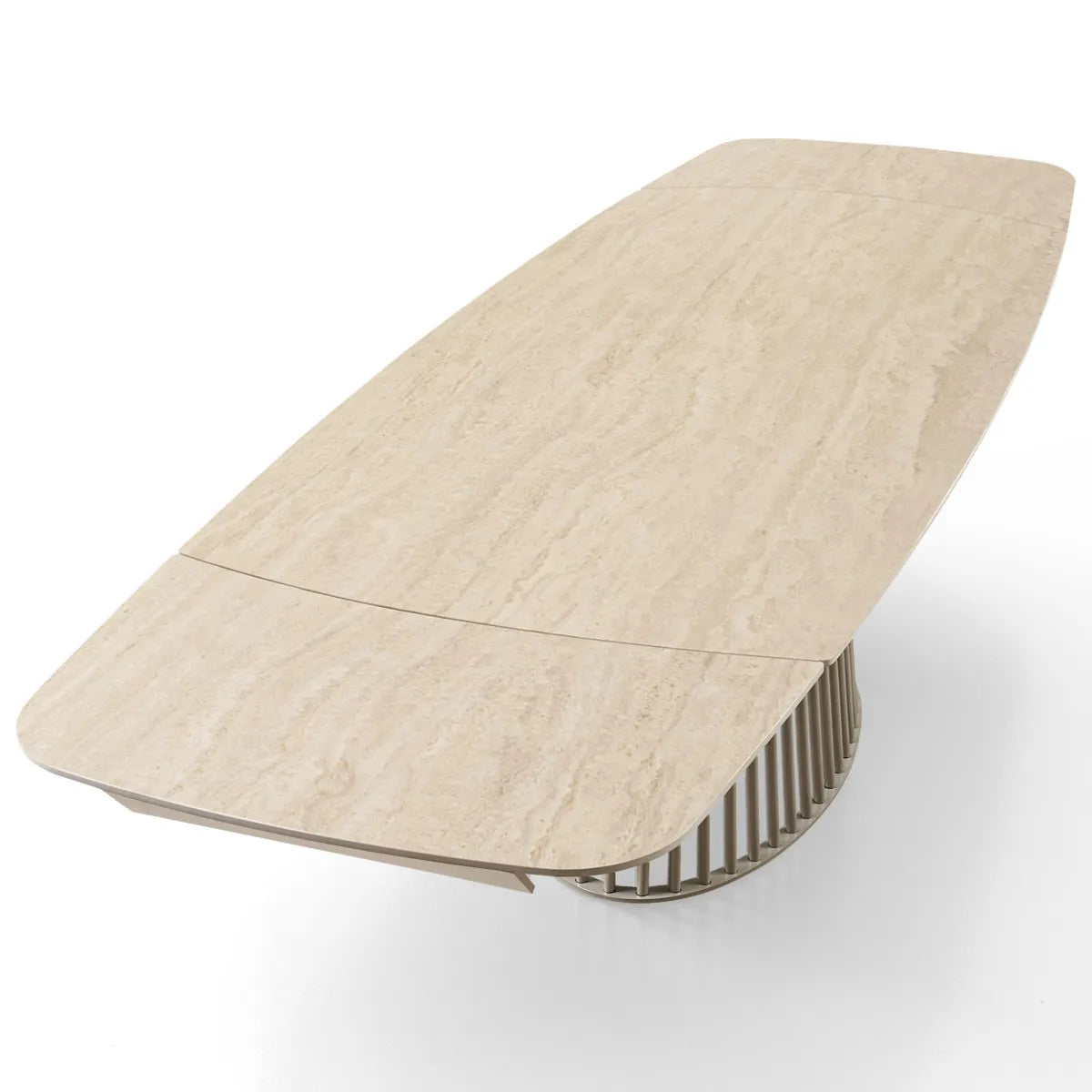 Tavolo allungabile Tom con piano in ceramica Travertino opaco e basamento in metallo Platino