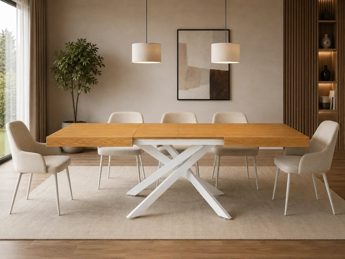 Tavolo allungabile Urano 160/240 cm con piano impiallacciato e struttura in metallo disponibile nelle finiture Noce/Nero, Rovere/Nero e Rovere/Bianco.